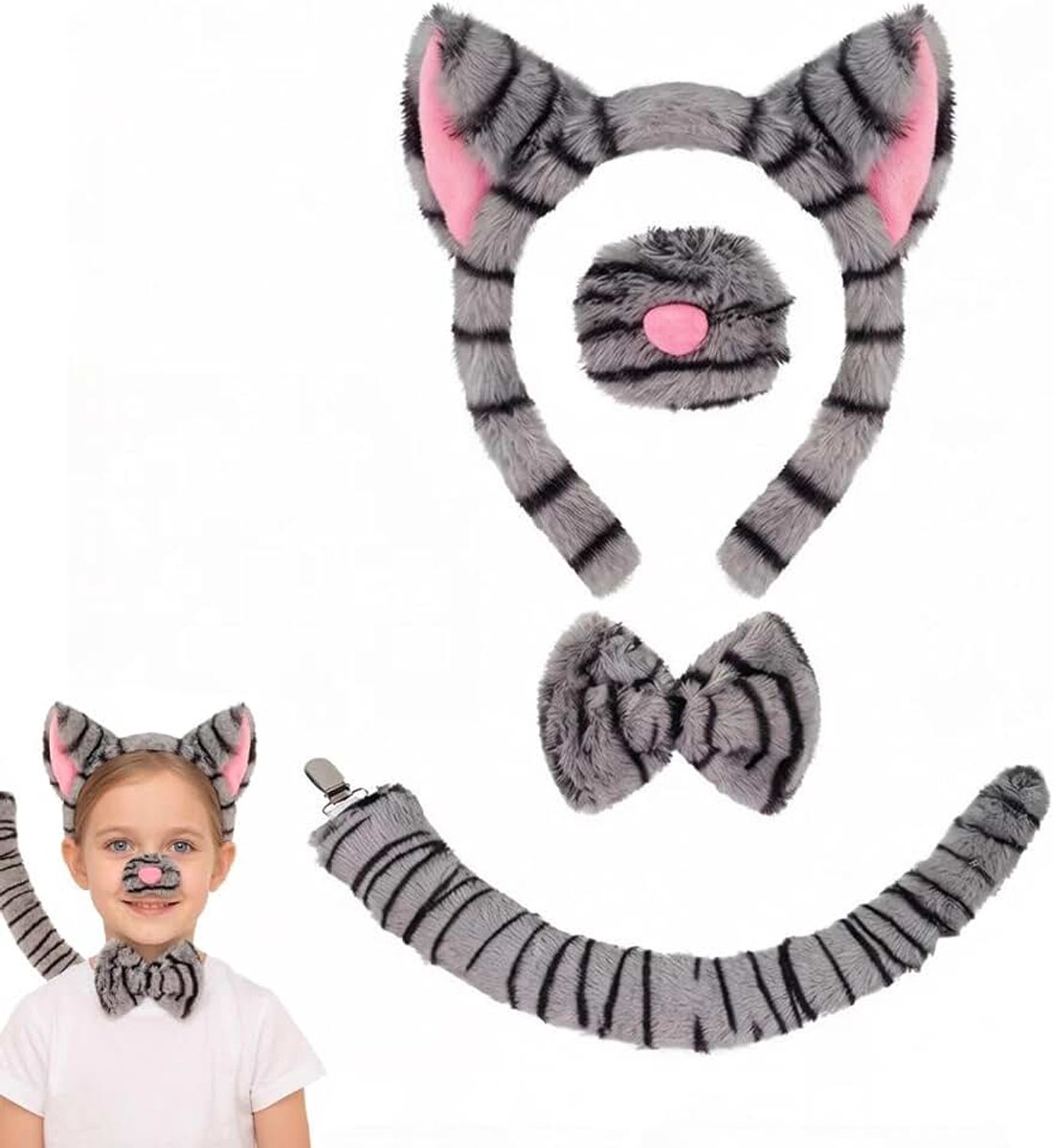 Kattenkostuum accessoires set – Grijze gestreepte pluche haarband met oren, neus, staart en strikje – voor kinderen en volwassenen – Voor de Wereldboekendag, Halloween en themafeesten.