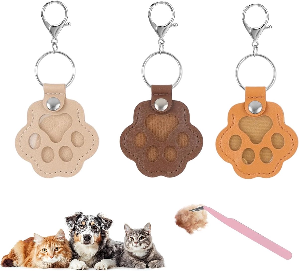 ​Pootafdruk sleutelhanger voor dierenhaarset met pincet - leren sleutelhanger voor het verzamelen van katten- en hondenhaar, opbergvak als aandenken voors katten- en hondenbezitters 3 kleuren