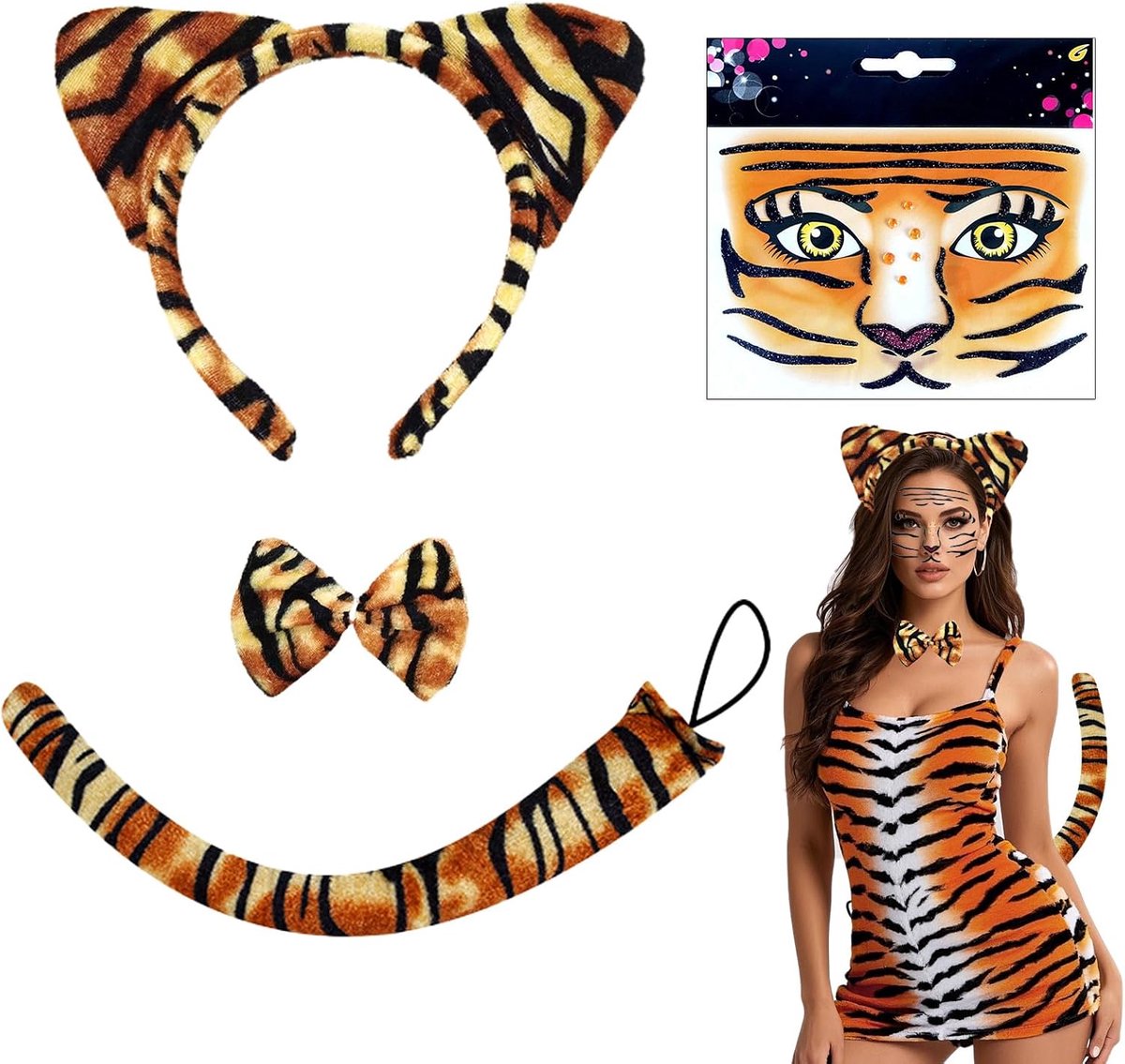 4 stuks, dierenkostuumset met tijgeroren en staart, strik, dierensticker, fancy dress, accessoires voor kinderen en volwassenen, carnaval, Halloween