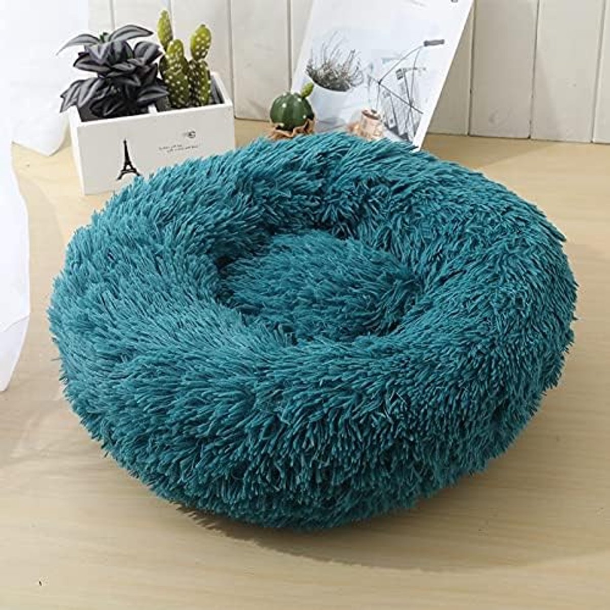 Ronde kat bed honden bed huis kennel huisdier matten zachte lange pluche mat huisdier warme mand kussen katten huis sofa machine wassen kennel Honden bed (Color : Cyan, Grootte : XL 80cm)