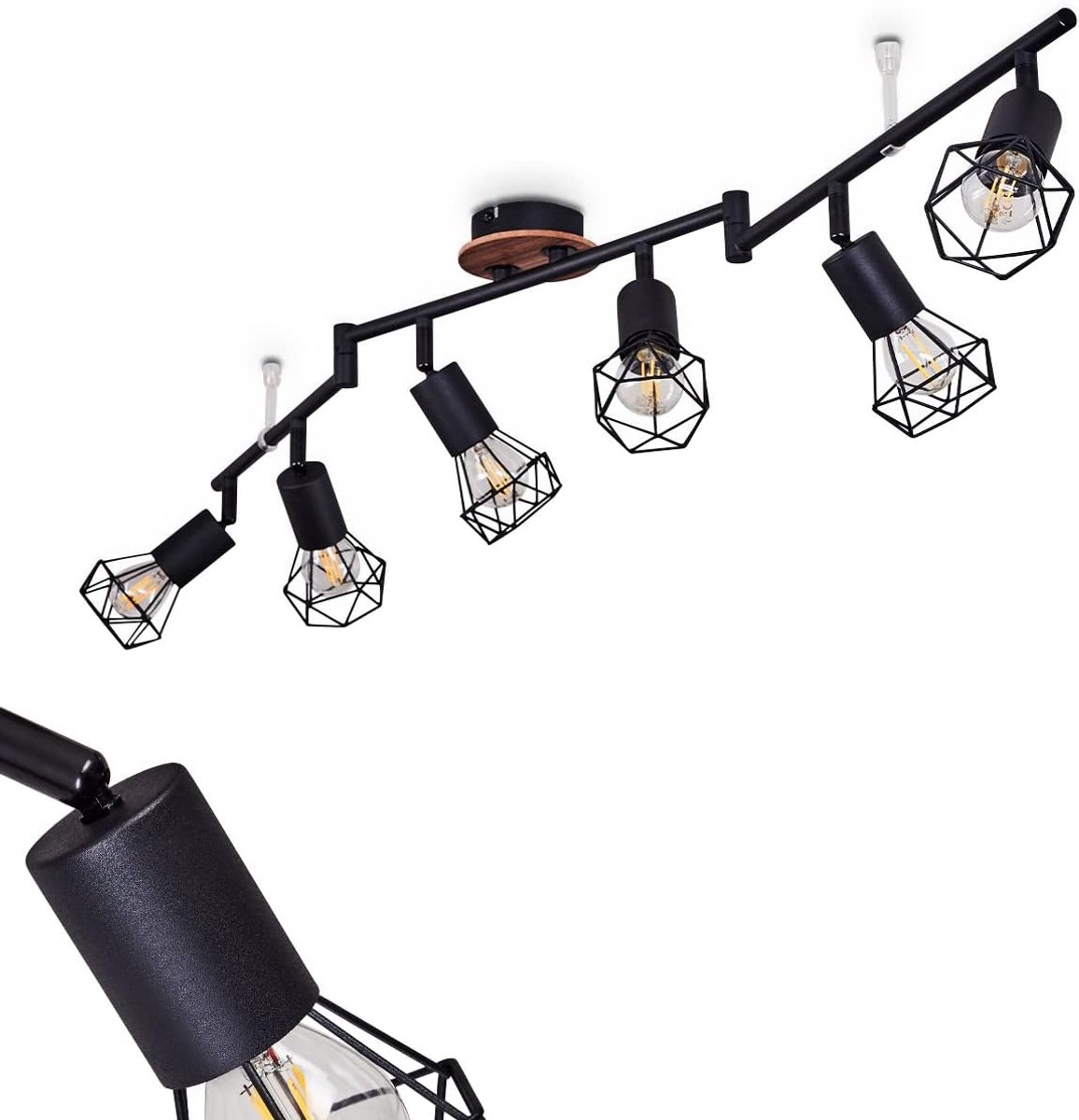 Plafondlamp, 6-lichts metaal/houten plafondlamp in zwart/bruin, moderne designlamp met verstelbare traliekappen, 6 x E14-fitting, met lichteffect, zonder gloeilampen