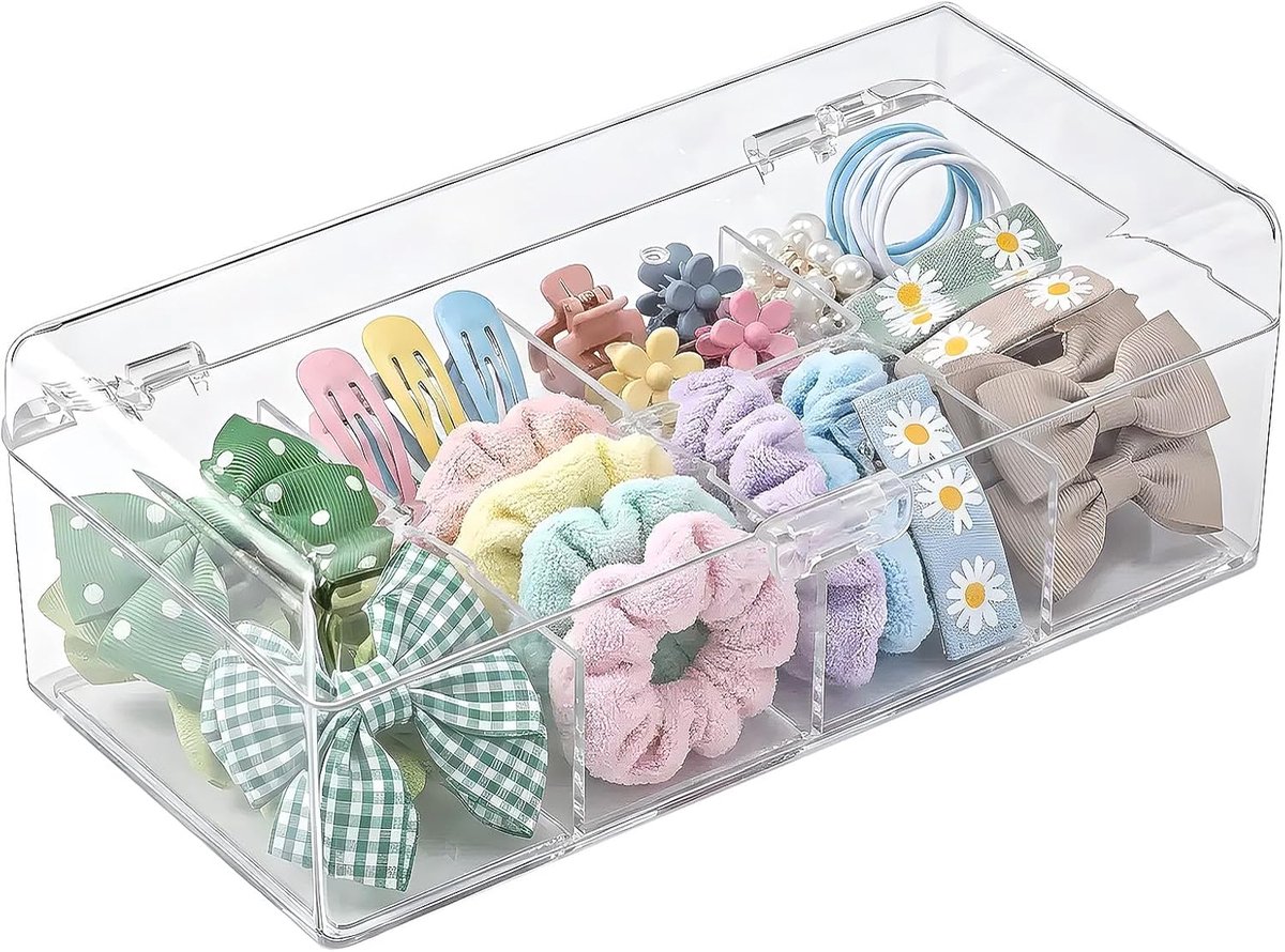 Organizer voor haaraccessoires, transparante deur, box van PS met 4 vakken, elastieken en haarspelden, make-up-organizer, compacte organizer voor badkamer en slaapkamer, 19,5 × 9 × 7,5 cm