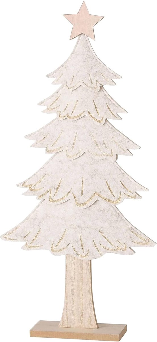 Decoratiestandaard Janne I LxBxH 28x6x56cm I decoratieve dennenboom crèmewit van hout en vilt I kerstboom I kerstdecoratie boom I woonkamer, advents-decoratie om neer te zetten I Christmas X-Mas