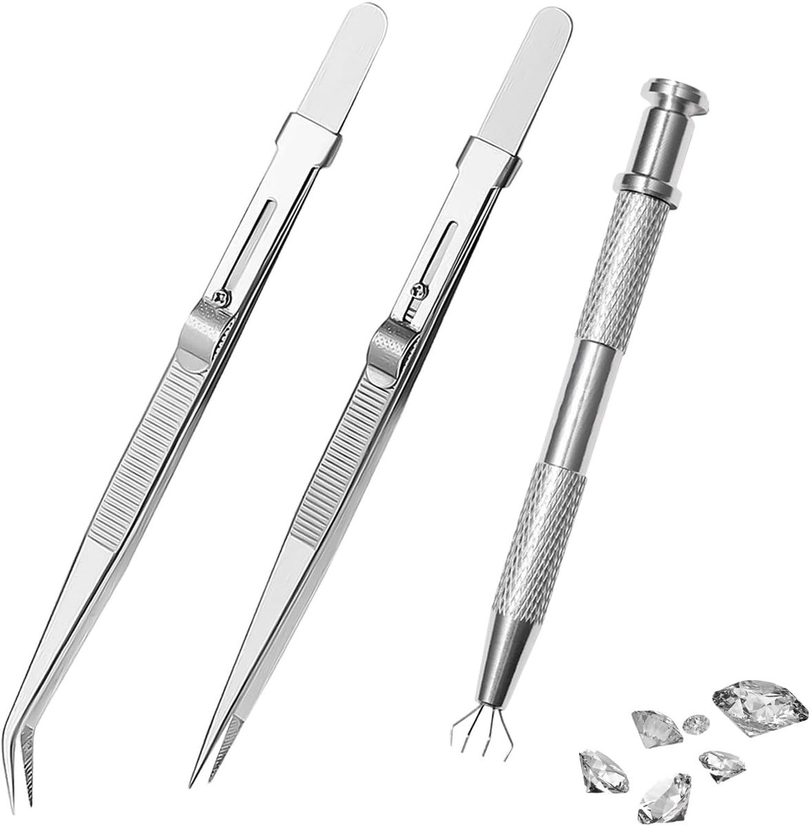 Dailygoods- Pincetten Set 3 Stuks - Roestvrij Stalen Sieradenpincet - Ergonomisch/Antislip - Edelsteenpunt - Precisie - Duurzaam