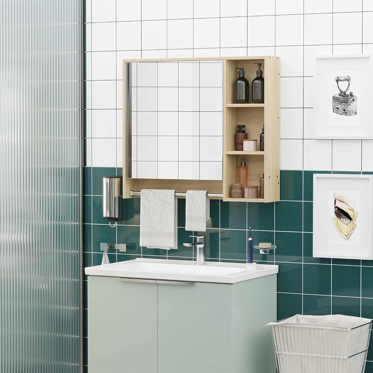 Kleankin Badkamermeubel met spiegel, wandgemonteerde toiletkast, badkamerspiegel met opbergruimte, handdoekhouder, 3 holtes, kast en verstelbare plank, 80 x 15 x 70 cm, naturel