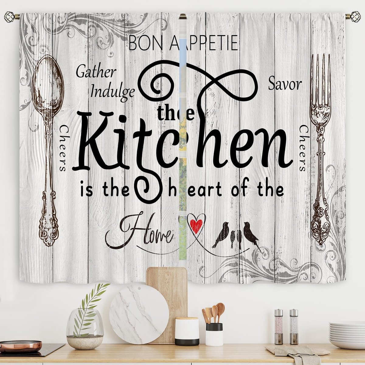 Boerderij keuken gordijnen 140x75 cm roedezak rustiek land korte kleine vork en lepel houten plank retro vintage hout bedrukt woonkamer slaapkamer raamgordijnen behandeling stof 2 panelen