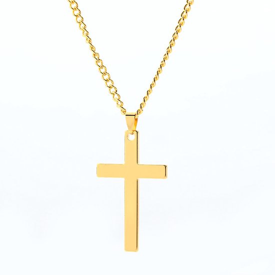 Gouden kruisketting met een schakelketting.