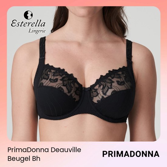 PrimaDonna Deauville zwarte beugel BH met kanten details op de cups. Model draagt de BH.