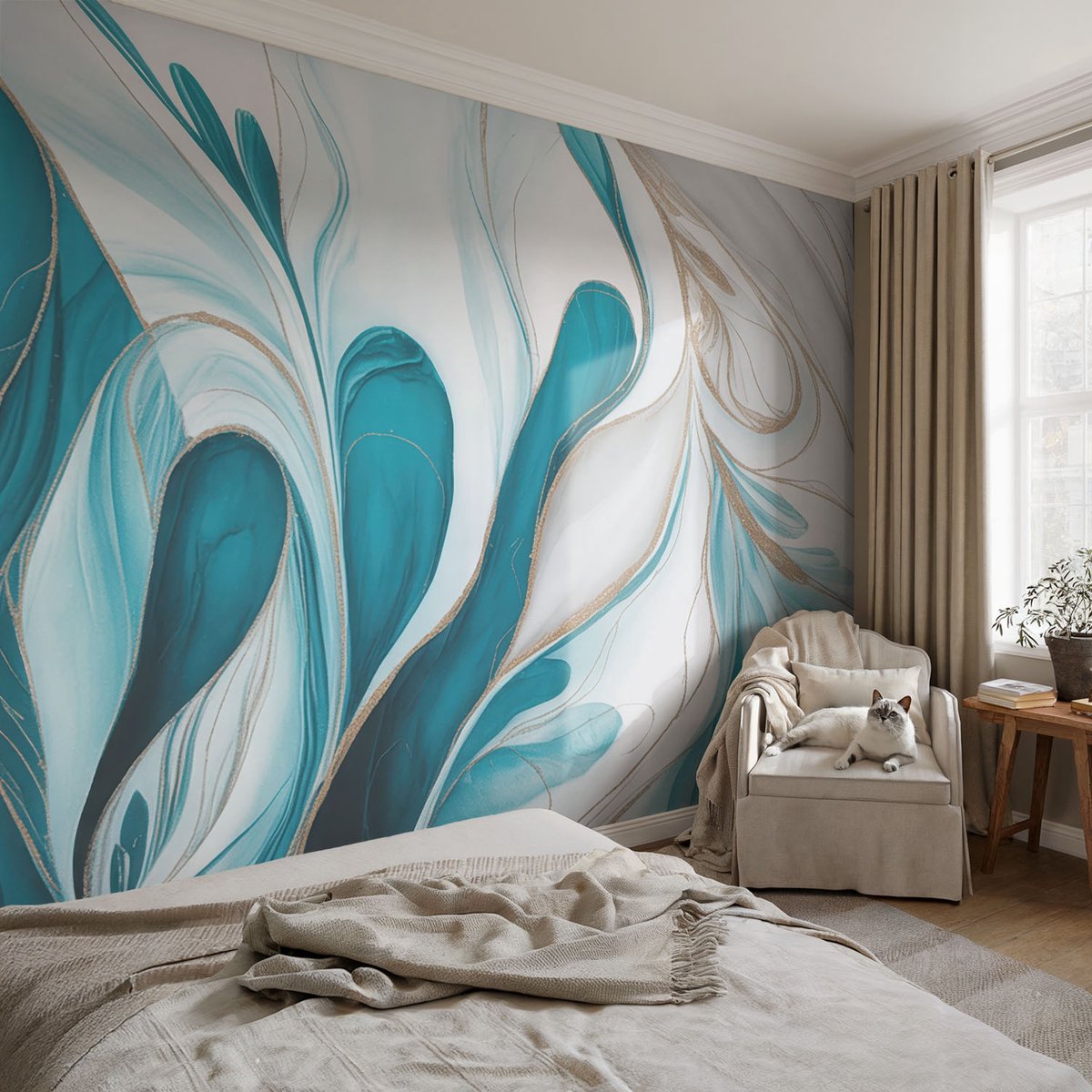 Coloray Vliesbehang - Turkoois Snellijm Behang - 104x70 cm - Vloeistofpatronen Muurschildering - Slaapkamer behang Abstractie - Fotobehang Vlies - Slaapkamer behang