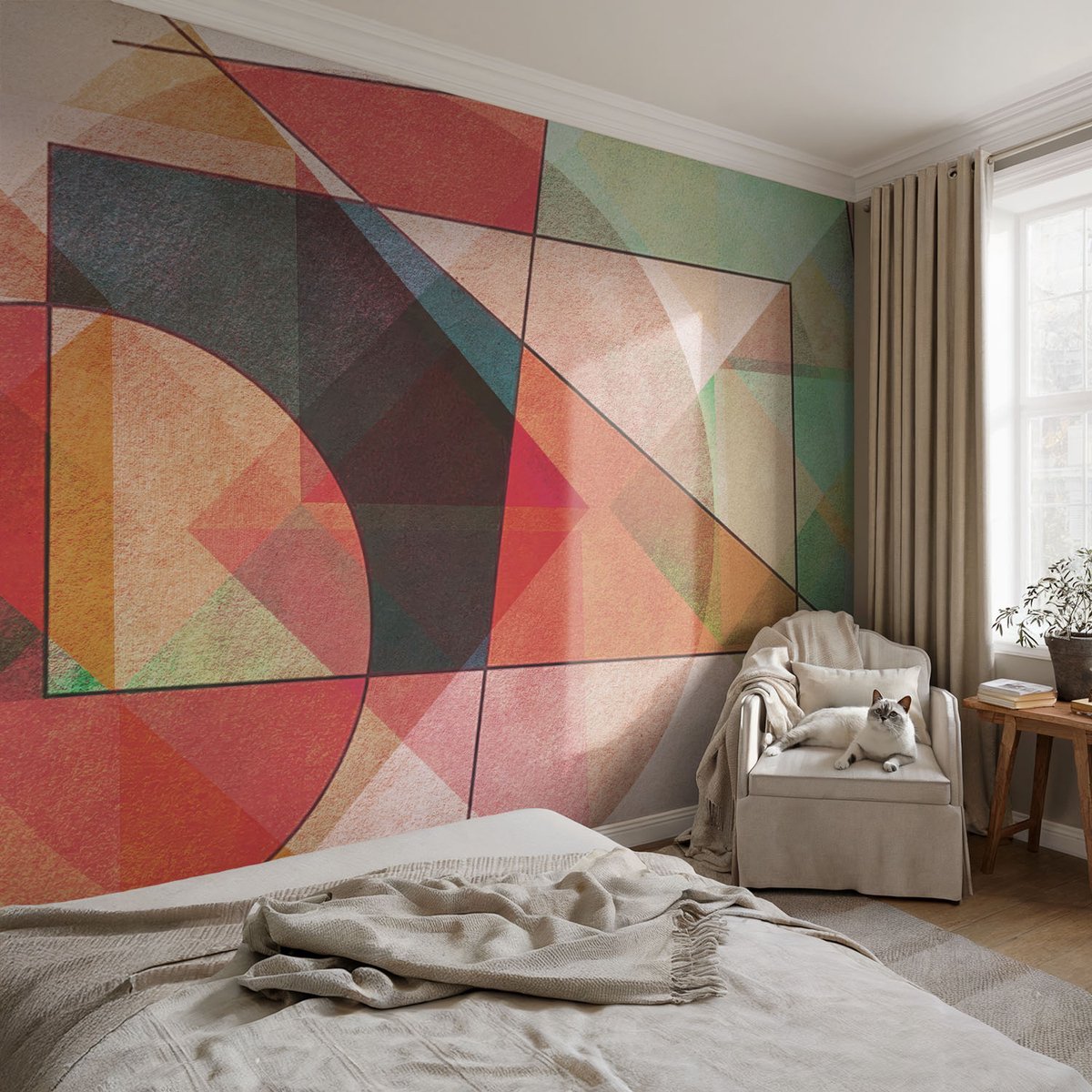 Coloray Vliesbehang - Rood Snellijm Behang - 104x70 cm - Geometrische Abstractie Muurschildering - Gang behang Abstractie - Fotobehang Vlies - Slaapkamer behang