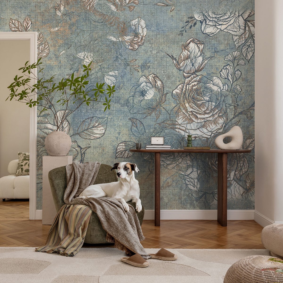 Coloray Vliesbehang - Blauw Snellijm Behang - 104x70 cm - Romantische Rozen Muurschildering - Slaapkamer behang Bloemen En Planten - Fotobehang Vlies - Slaapkamer behang