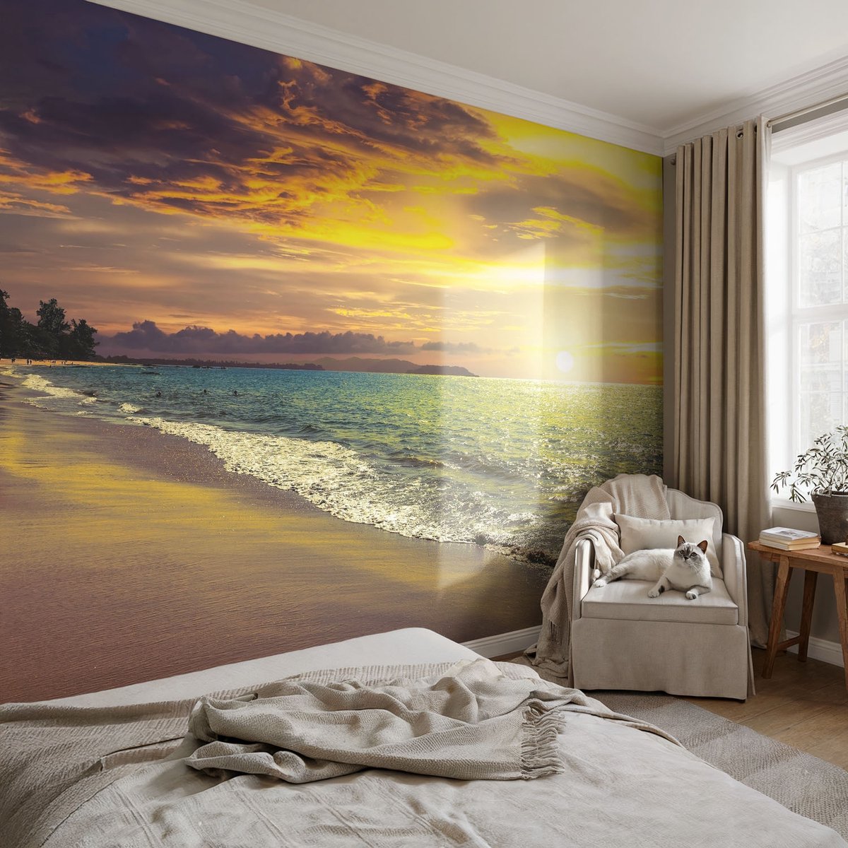 Coloray Vliesbehang - Geel Snellijm Behang - 104x70 cm - Strand Bij Zonsondergang Fotobehang Vlies - Woonkamer behang Landschappen - Muurschildering - Hal behang