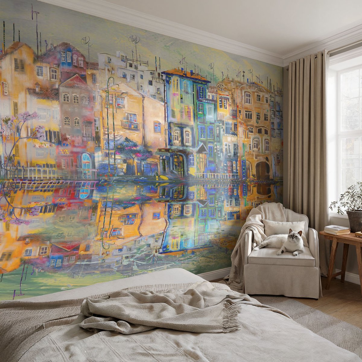 Coloray Vliesbehang - Beige Snellijm Behang - 104x70 cm - Magische Stad Muurschildering - Slaapkamer behang Architectuur - Fotobehang Vlies - Gang behang