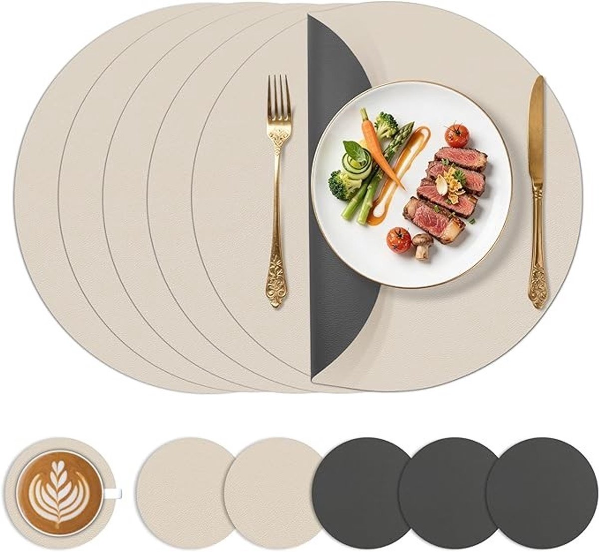 Livatto set van 6 ronde placemats Ø 38 cm leerlook dubbelzijdig antracietgrijs en beige met 6 onderzetters