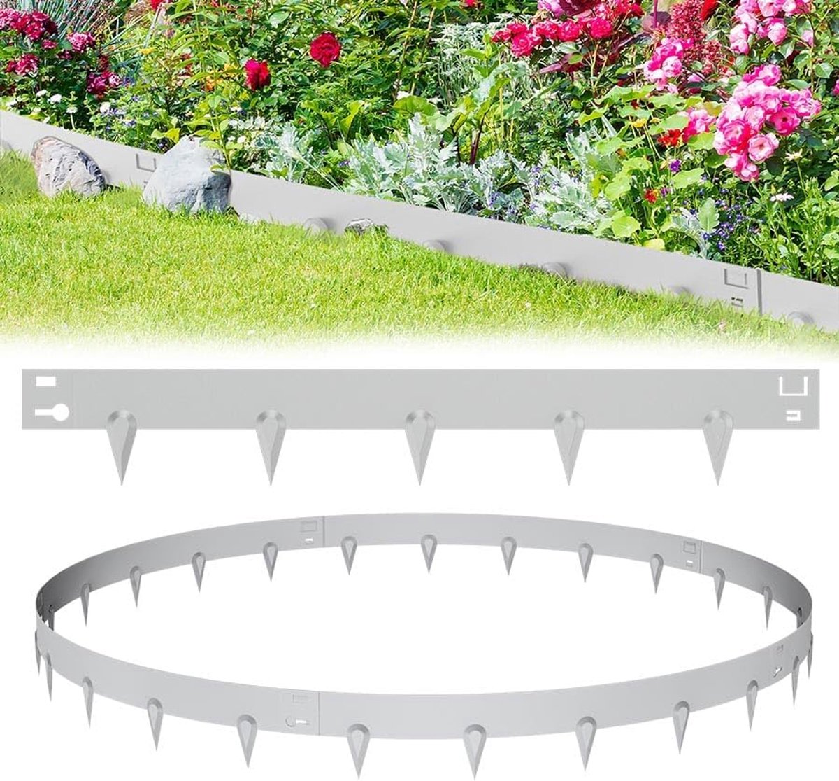 Grasrand, 50 stuks, verzinkt metaal, 53 m flexibele bloembedrand, maaikank, palissade, tuinbed met doornen, bloembedomranding voor erf, tuin, boerderij, zilver (106 cm x 16 cm)