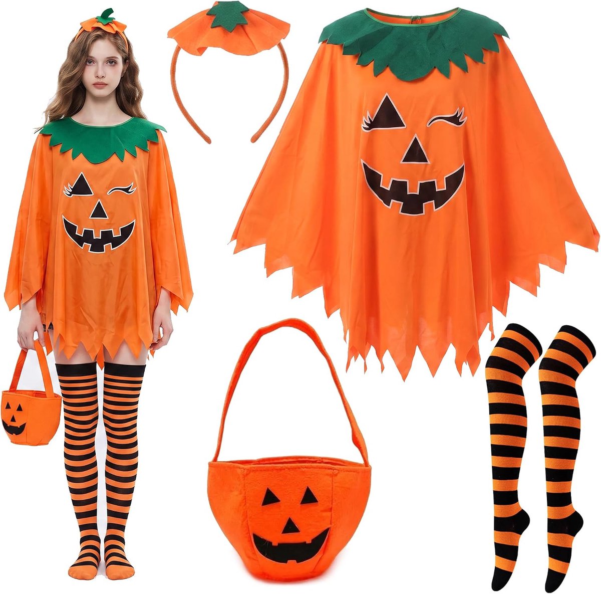 5-delige pompoenkostuumset voor dames, oranje pompoencape met hoofdband, pompoenzak, sokken en gezichtstattoos, grappig carnavalskostuum voor volwassenen, voor Halloween, carnaval