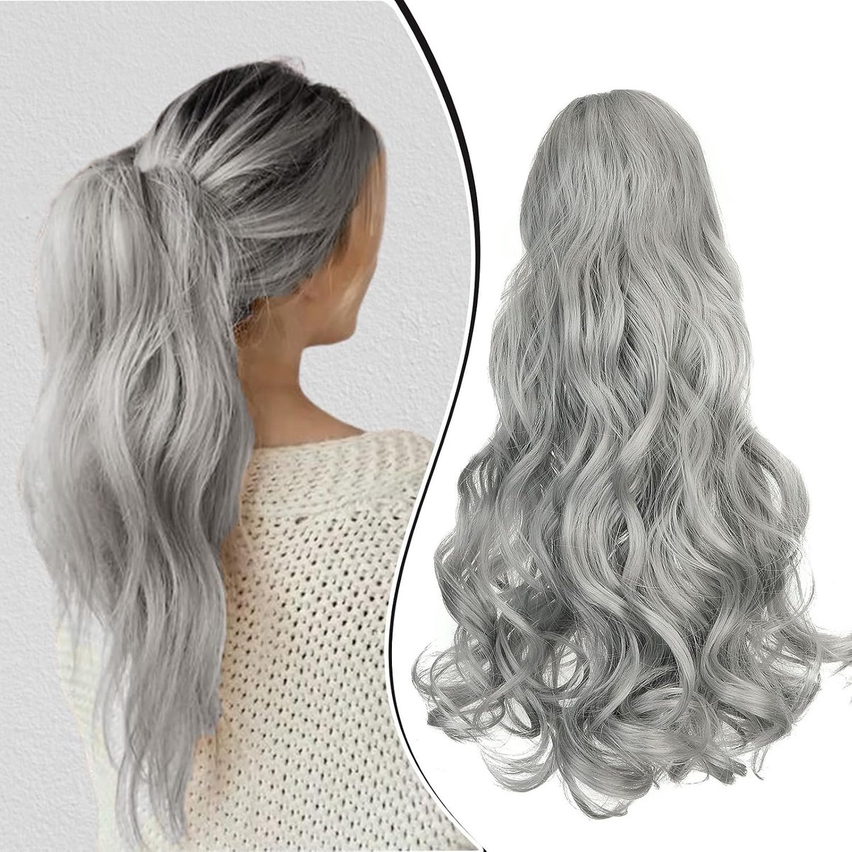 45cm Paardenstaart Haarstuk Vlecht Verlenging Klauw Golvende Lange Paardenstaart Extensies Haarverlenging Synthetische Clip in Ponytail Haarextensies 150g, Donkergrijs