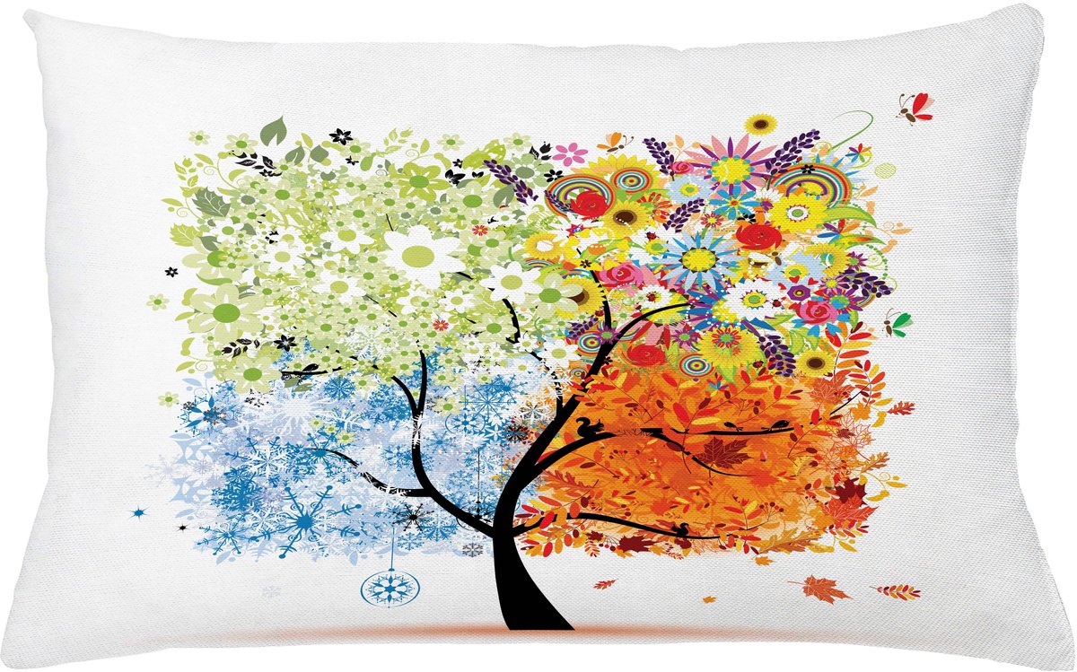 ABAKUHAUS Boom Kussenhoes, Bloemen 4 Seizoen Thema, Wasbare Kleurechte Kussenhoes met Digitale Dubbelzijdige Print en Ritssluiting, 65 x 40 cm, Meerkleurig
