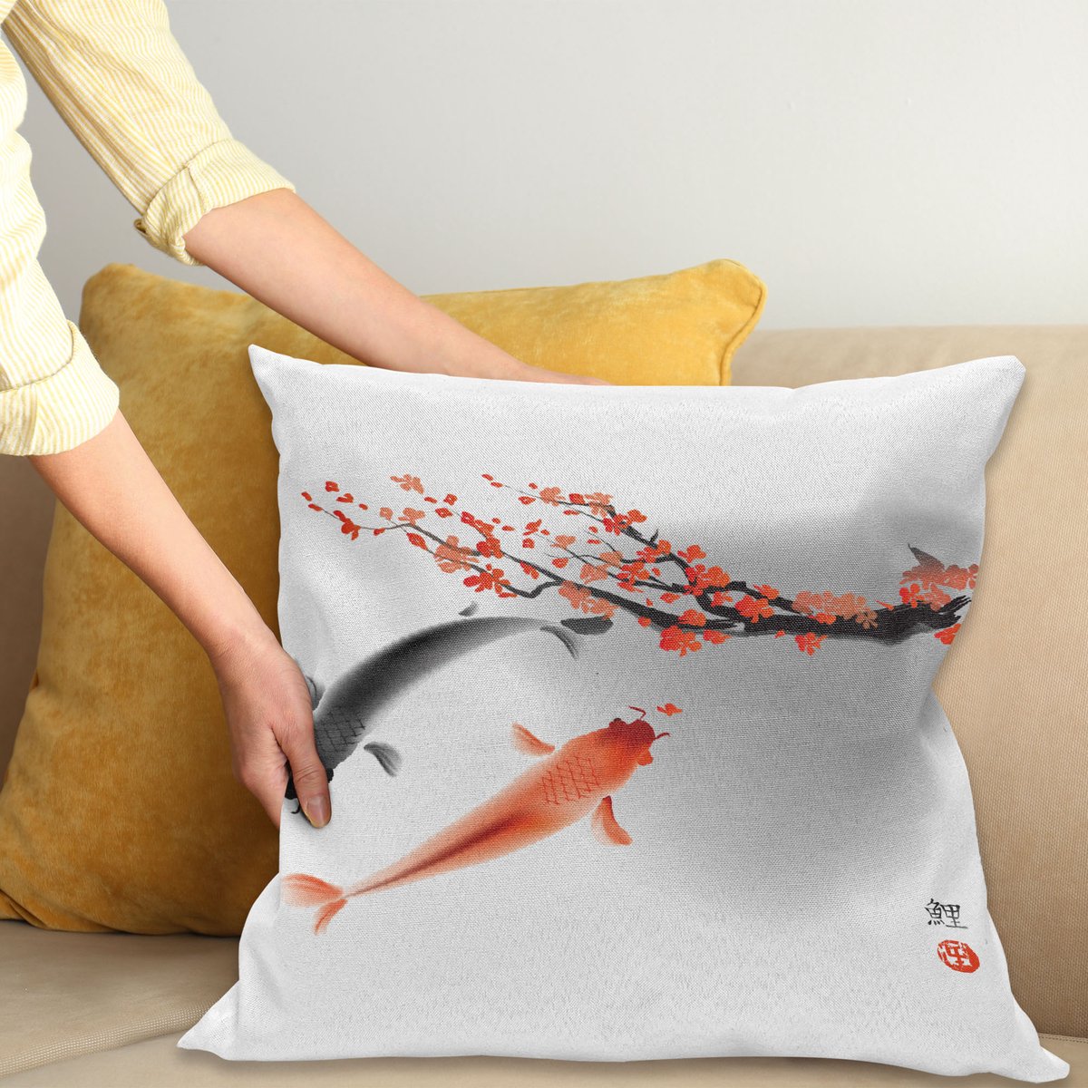 ABAKUHAUS Japans Kussenhoes, Koi Karpfen-Fische Paar, Wasbare Sierkussenhoes voor Binnen/Buiten, Dubbelzijdige Print met Ritssluiting, 40 x 40 cm, Oranje Grijs