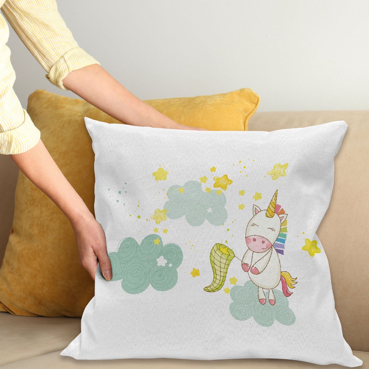 ABAKUHAUS Einhorn Kussenhoes, Einhorn-Feen-Print, Kussenhoes zonder Binnenkussen, met Ritssluiting, Dubbelzijdige Print, Wasbaar, 40 x 40 cm, Groen Geel