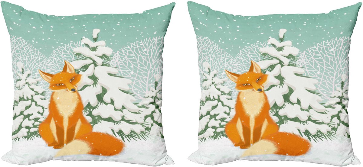 ABAKUHAUS Fuchs Sierkussenhoes Set van 2, Rood Fox Winterwald Kerstmis, Modern Accent Dubbelzijdige Digitale Print, 40x40, Mandelgrün Oranje