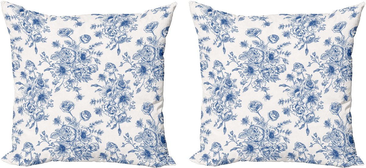 ABAKUHAUS Windröschen Sierkussenhoes Set van 2, Blaue Bloemen Corsage, Modern Accent Dubbelzijdige Digitale Print, 45x45, Nachtblau Wit