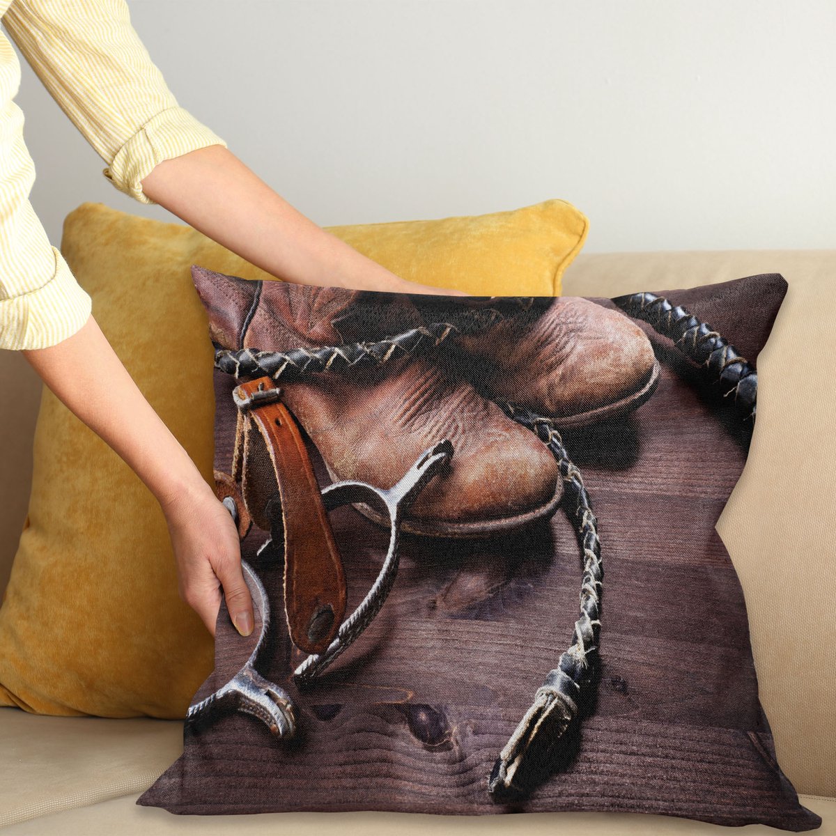 ABAKUHAUS Western Kussenhoes, Rustikale Rodeo Cowboy, Wasbare Kleurechte Kussenhoes met Digitale Dubbelzijdige Print en Ritssluiting, 45 x 45 cm, Bruin