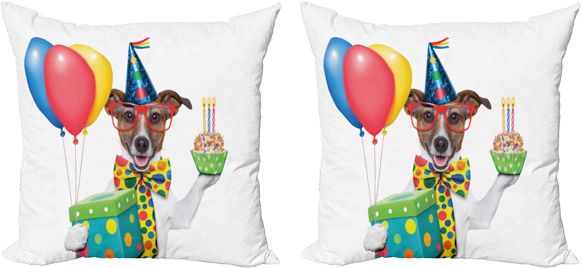 ABAKUHAUS Geburtstag Sierkussenhoes Set van 2, Feest Hund en Luftballons, Modern Accent Dubbelzijdige Digitale Print, 40x40, Meerkleurig