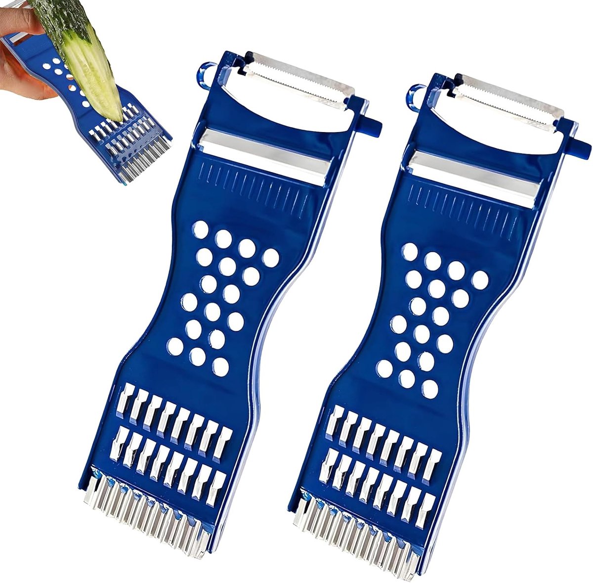 2 stuks 6-in-1 groenteschiller, juliennesnijder, multifunctionele groenteschiller, generieke groentesnijder, aardappelschiller, juliennesnijder voor groenten en fruit (blauw)