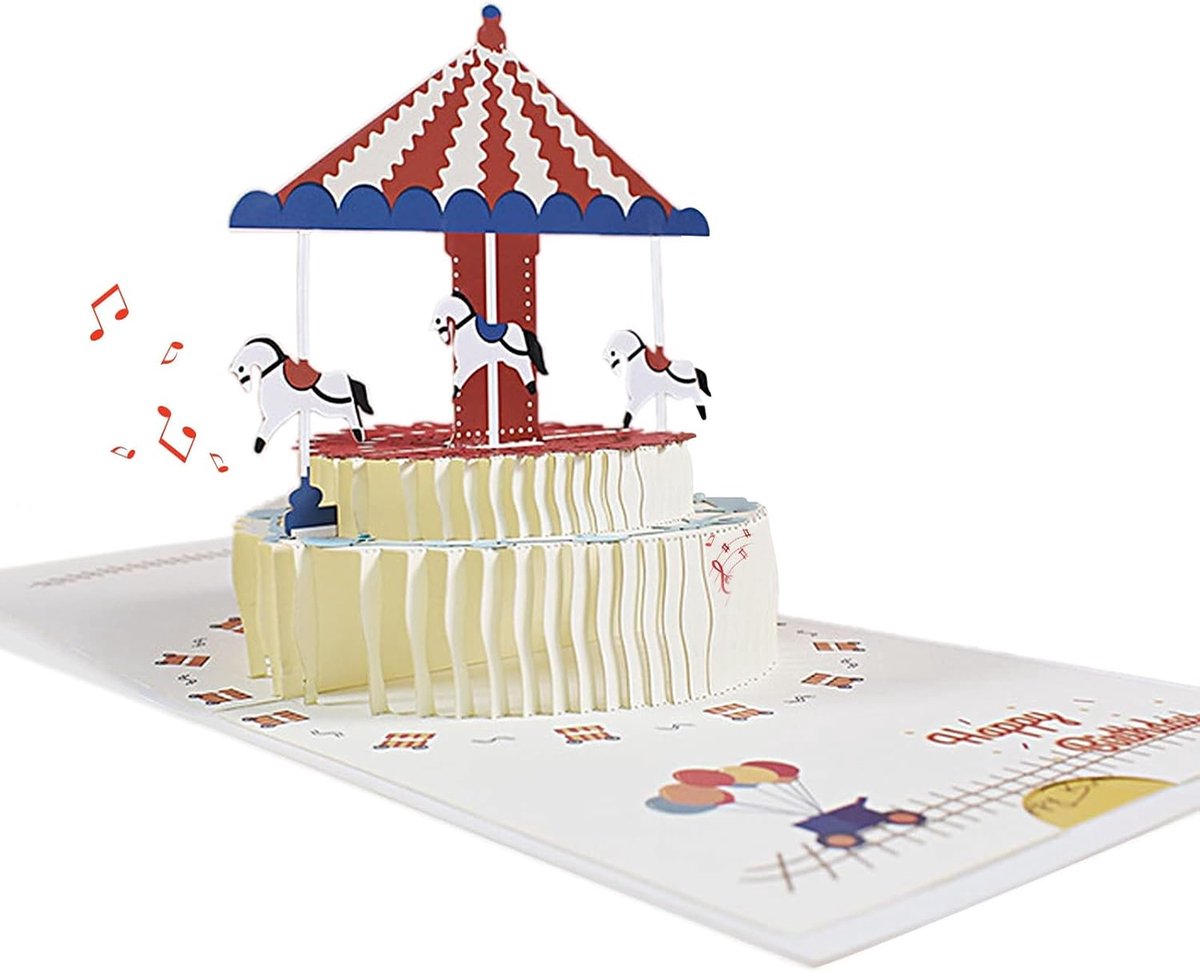 3D-wenskaart voor verjaardag, 3D-verjaardagstaart met envelop en carrouseldesign, pop-up wenskaart, voor vrouwen en mannen