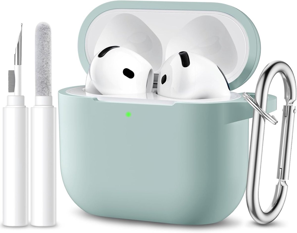 Hoes compatibel met AirPods 4 hoes Case 2024, zachte siliconen volledige beschermhoes voor Apple AirPods 4e generatie, hoes met reinigingskit en sleutelhanger [led zichtbaar], blauwgroen