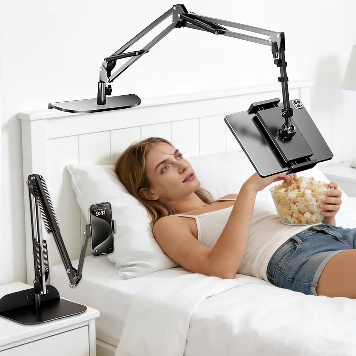 Tablethouder voor bed, 360 graden, tablethouder voor bed met grote basis, draaibare sokkel, stabiele aluminium arm met veertechniek voor iPad, tablets, telefoons, apparaten van 4,5-10,3 inch