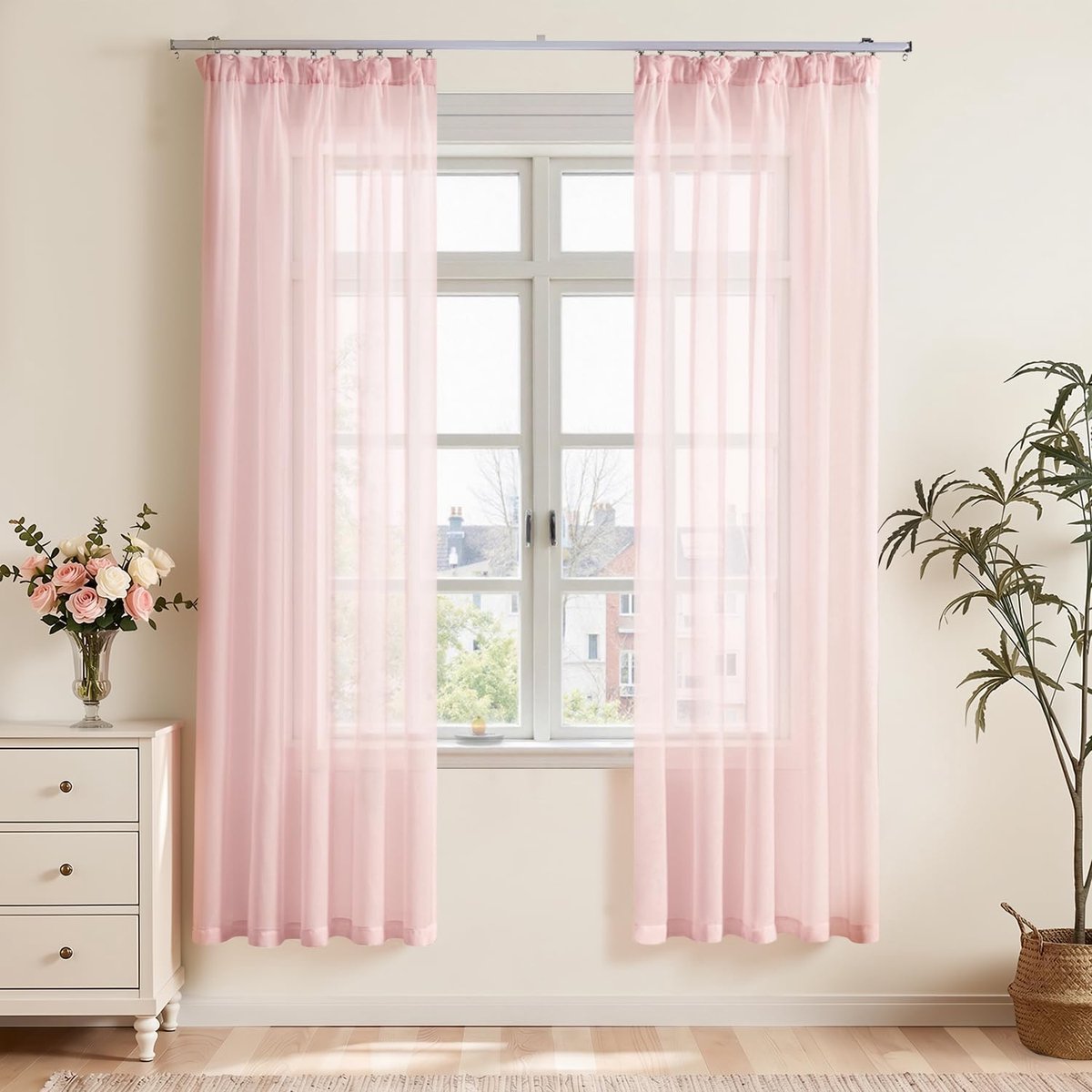 Roze voile gordijnen met plooiband set van 2 H 200 x B 140 cm raam