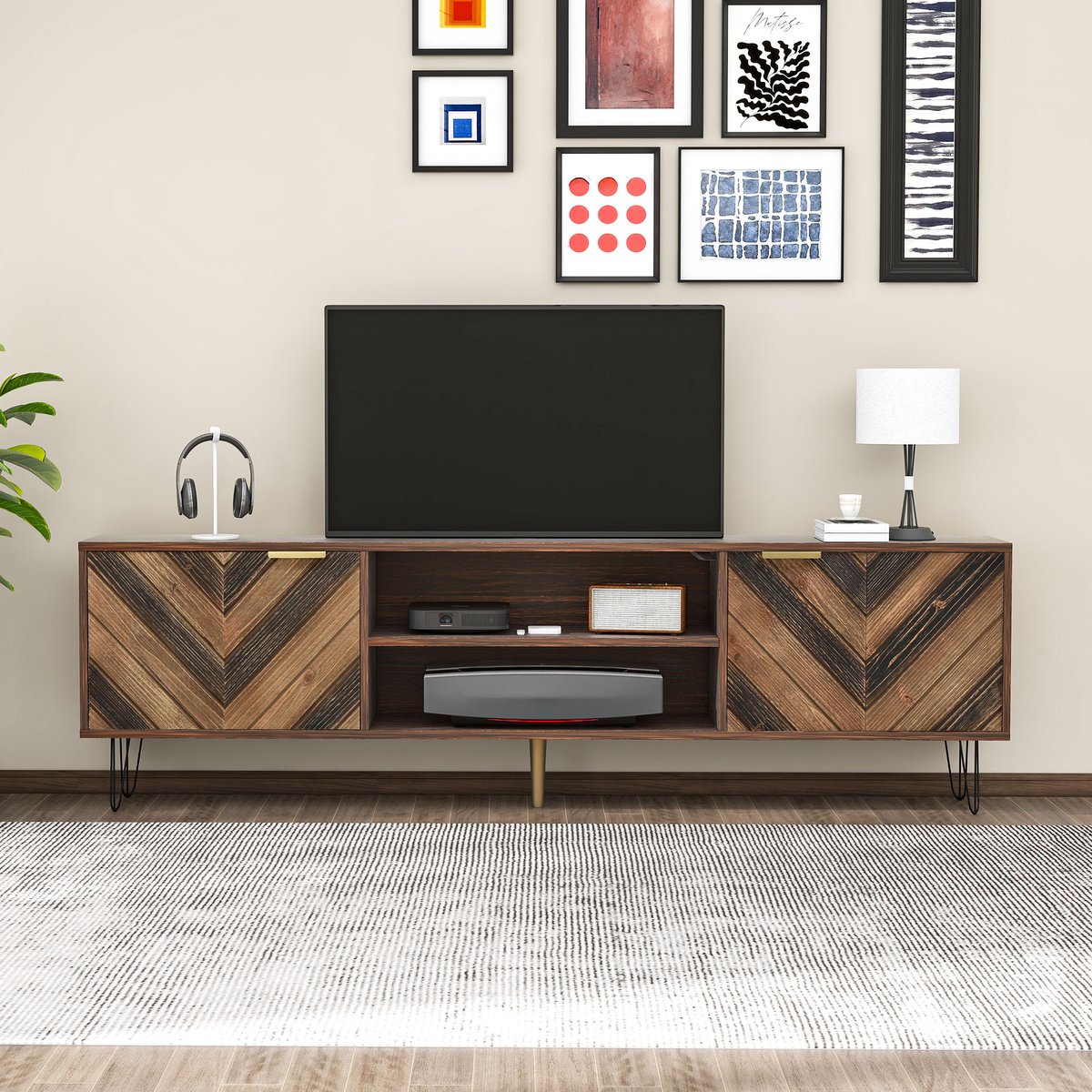 tv meubel met massief houtfineer deuren - Geschikt voor woonkamer en slaapkamer - 155 cm breed - Houtkleur - Gouden grepen - IJzeren poten - Natuurlijke houtnerf - Stijlvol design