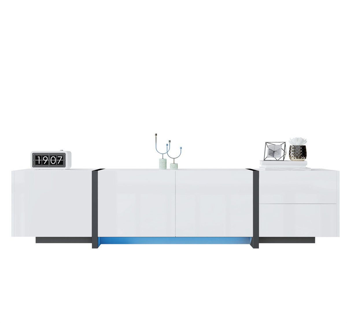 tv meubel hoogglans wit - Voor woonkamer - 170 cm breed - Wit en zwart - Opbergruimte met deuren, lade en klepdeur - Zwarte poten en kabeldoorvoer