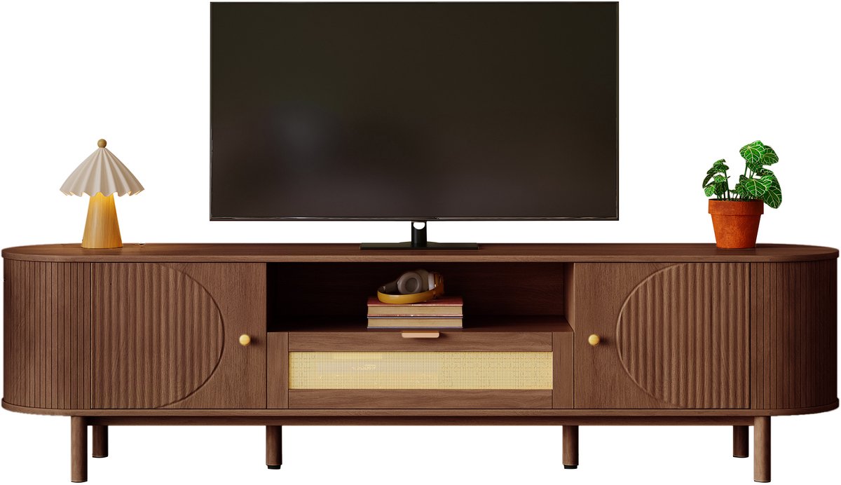 tv meubel Walnoot 175x36x51 cm - Rotan lades en open vakken - Afgeronde hoeken en metalen poten - Geschikt voor 70 inch TV - Duurzaam MDF - Multifunctioneel design voor woonkamer
