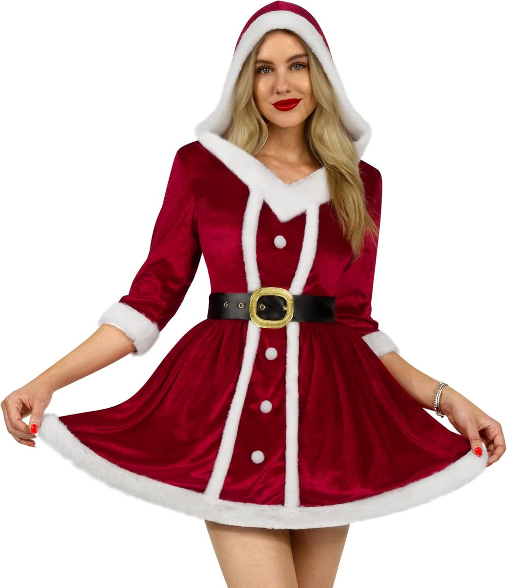 Getup Vrouw Claus Kerstkostuum voor vrouwen, Kerstmis Kerstman Adult kledingset met capuchon jurk en riem