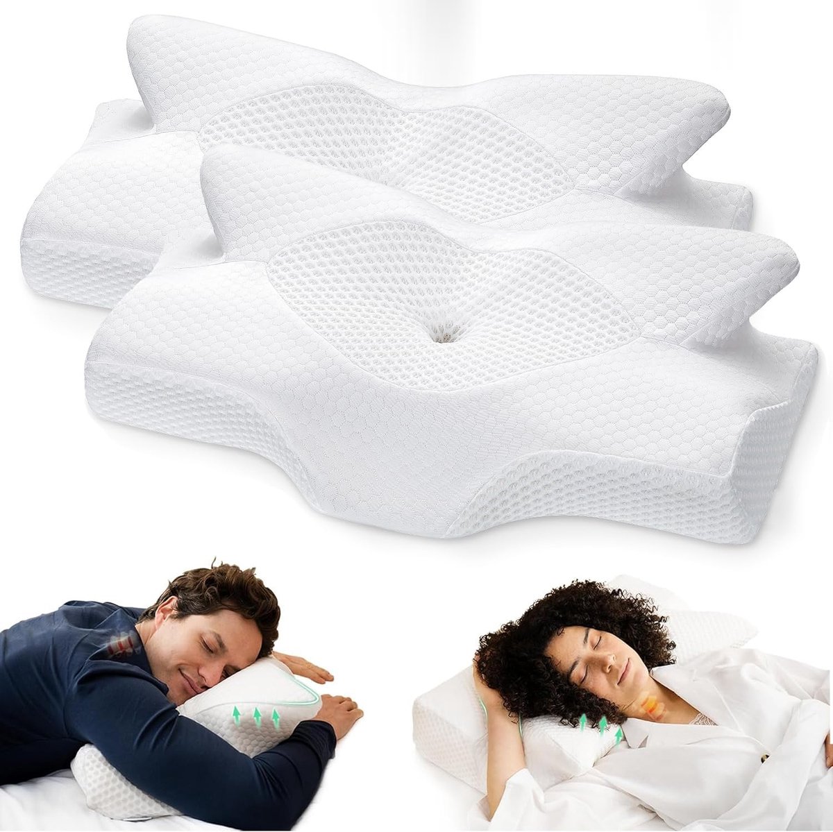 2 stuks cervicaal traagschuim kussen voor nekpijn Orthopedisch nekkussen voor schouderpijn Ergonomisch hoofdnekkussen voor zij-/rug/buikslapers met afneembare hoes (wit)