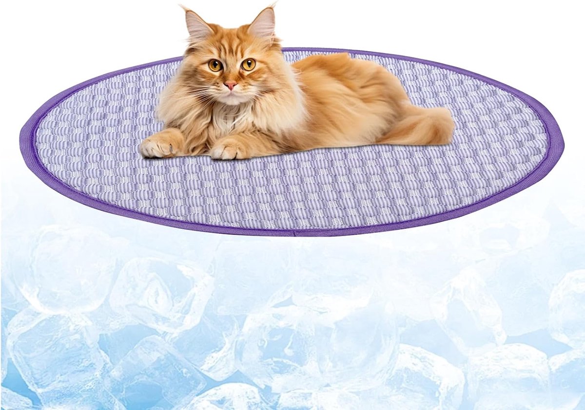 Koelmat voor katten, diameter 40 cm, wasbaar bed van ijszijde, opvouwbare kattenmatten, verfrissende gattis-mat voor zomervloer, paars