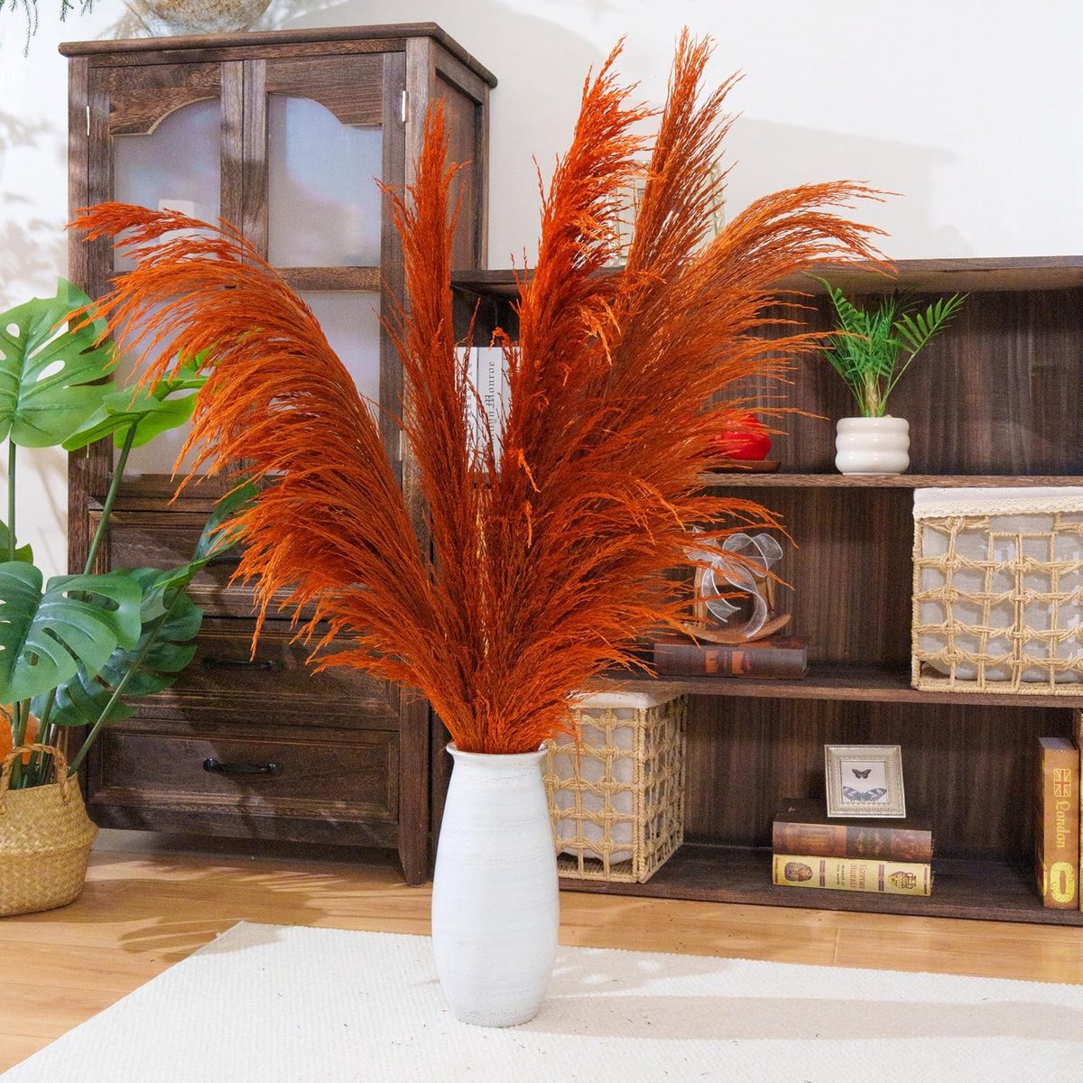 Gebrand oranje pampasgras, 6 stuks 110 cm, groot natuurlijk gedroogd gekleurd pampasgras, bruine pampasbloemen met gedroogde bloemenaroma, lange gedroogde plant voor woonkamer