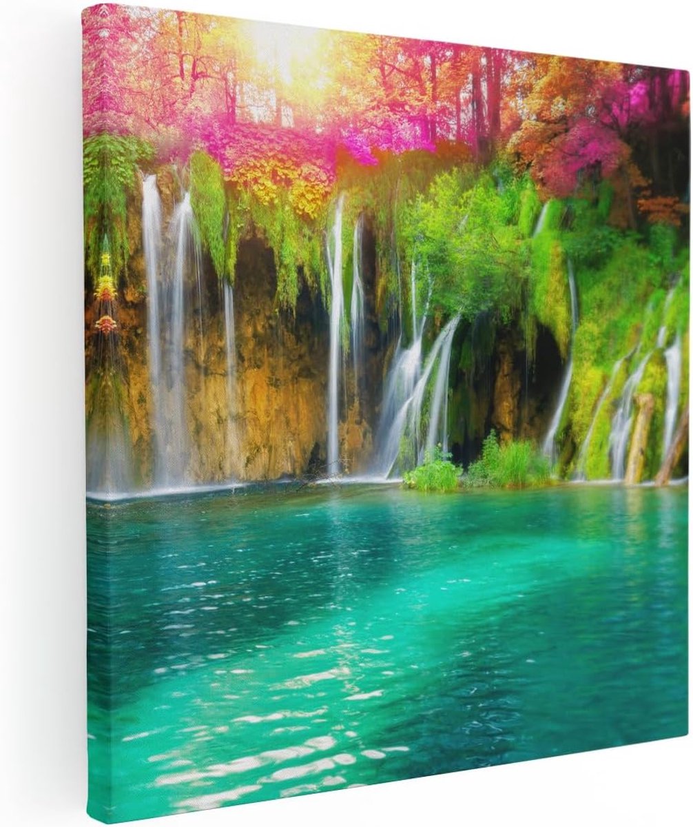 Canvas Schilderij Waterval met Roze en Groene Bloemen - 80x80 - Groot - Foto op Canvas - Canvas Print