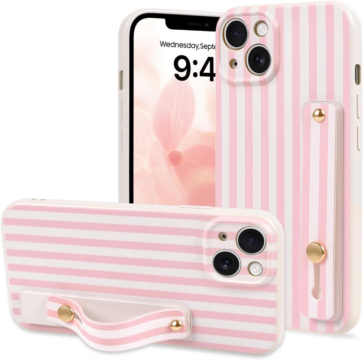 Compatibel voor iPhone 15 Hoesje Esthetiek Kleur Strepen met Polsbandje Ontwerp voor Meisjes Vrouwen Zacht TPU Schokbestendig Meer Beschermend Girly-Roze&Wit