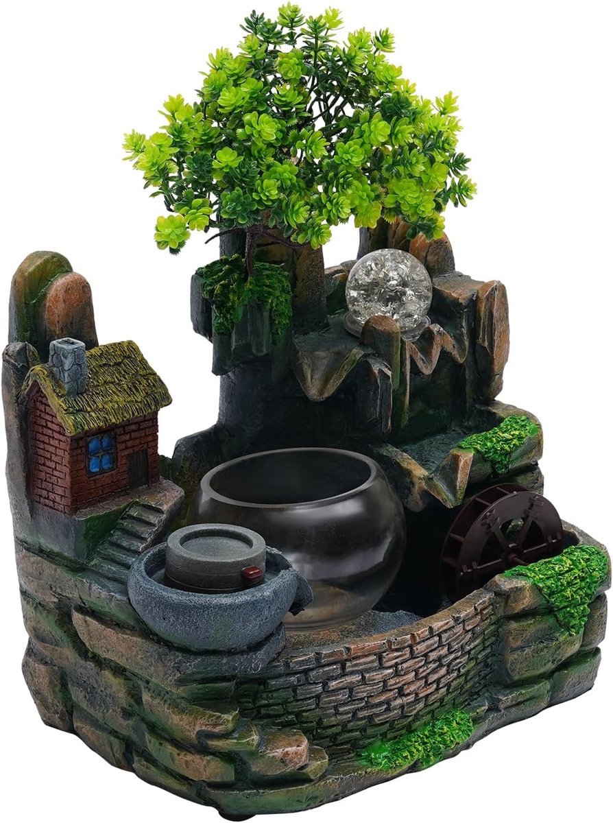 Tafelfontein met ledverlichting en verstuiver, kamerfontein, tafeldecoratie, tafelblad, waterfontein, waterval, groene plantendecoratie voor foyer, kantoor, slaapkamer (30 x 36 cm)