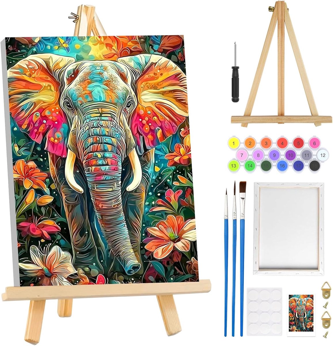Dailygoods- Verf op Nummer voor Beginners - Olifant Schilderen - Bloemen Schilderen - DIY Olieverfschilderij Kits - Inclusief Houten Ezel - 20 x 20 cm