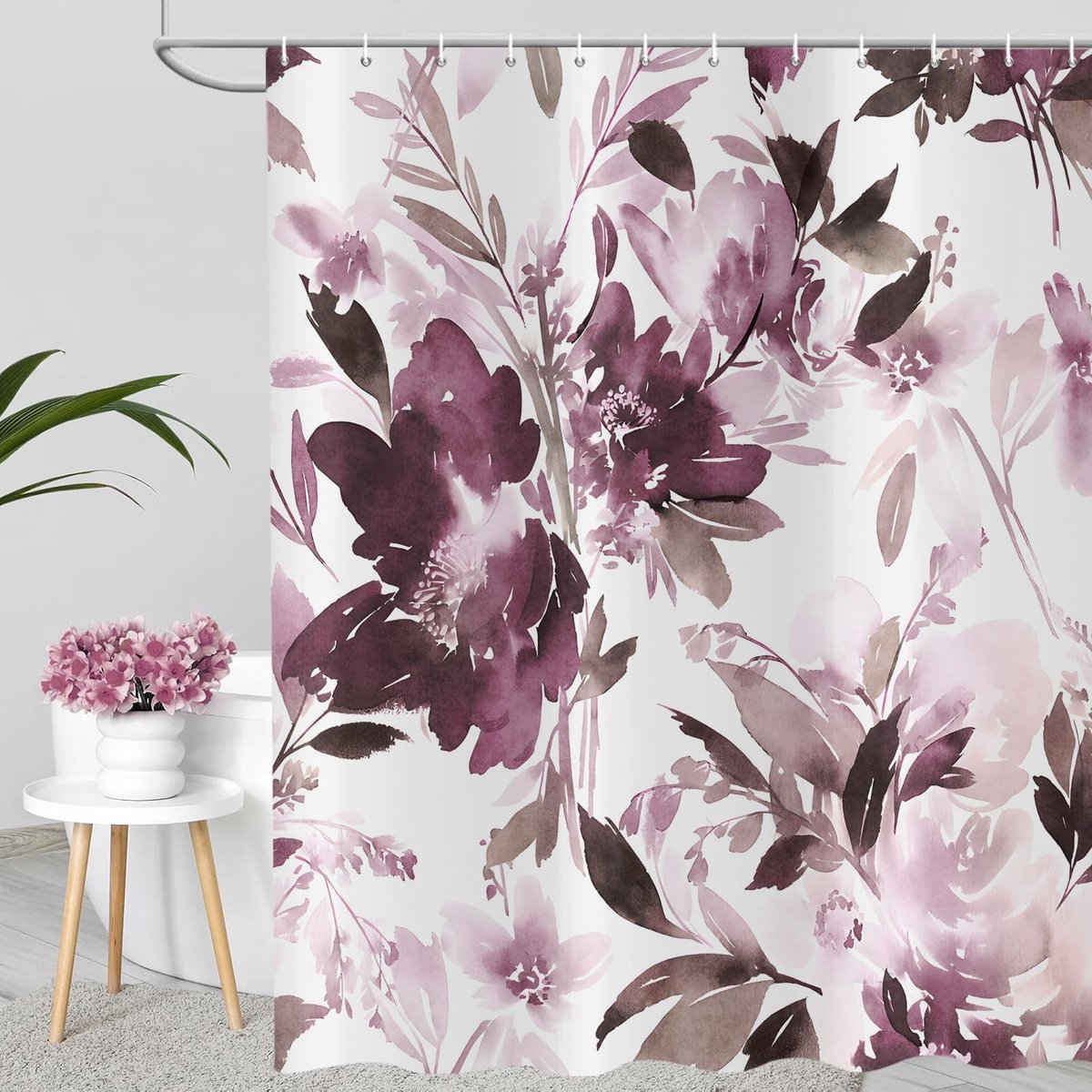 Douchegordijn, 120 x 200 cm, aquarel, abstract, bloemen, bladeren, lente, zomer, planten, waterdicht, badgordijn, polyester, textiel, wasbaar, douchegordijnen voor bad met 8 haken