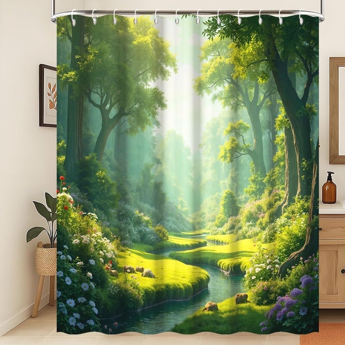 Plant Douchegordijn Groen Lente Natuur Bos Badkamer Gordijn Groene Hoge Bomen Bloeiende Bloem Rivierbeek Natuur Douchegordijn Waterdicht Stof Badkamer Decoratie 240x180cm