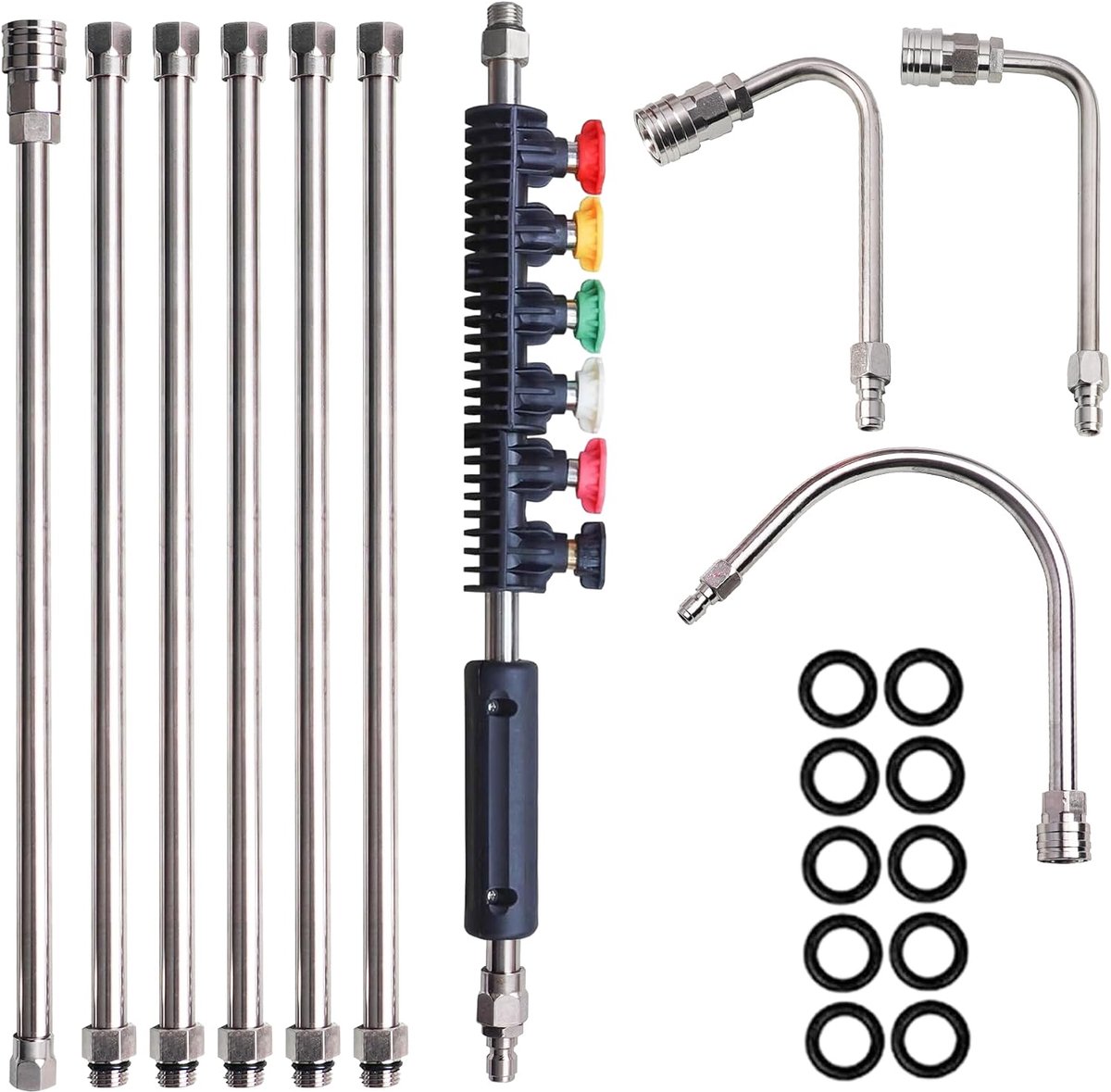 Tool Hogedrukreiniger verlengstaf, 10 stuks upgrade power washer lans met 5 verstuivingsproeikoptips, 30°, 90°,1 gootreiniger opzetstuk gebogen stang, 1/4" Quick Connect, 4000 PSI