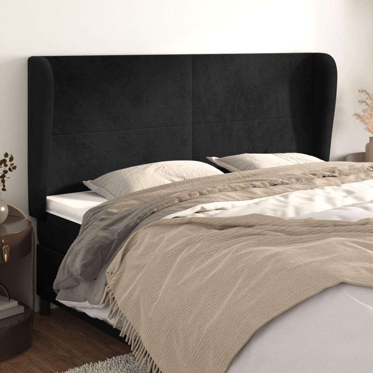Hoofdsteun met oren, zwart, 163 x 23 x 118/128 cm, fluwelen hoofdeinde voor slaapkamer, slaapkamer, hotelmeubels