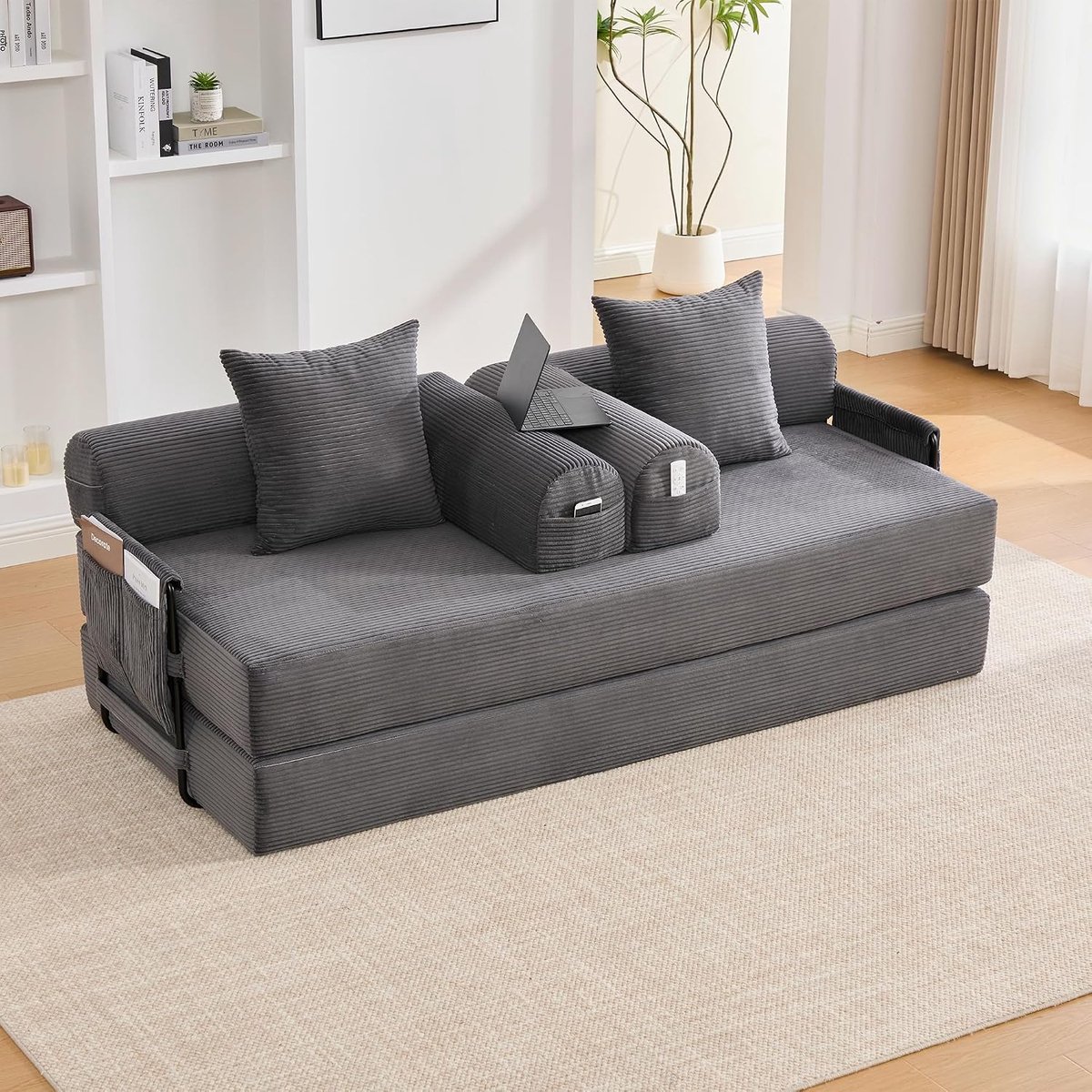 Slaapbank met 2 kussens, futon sofa van corduroy, schuimmatras met schuimvering, 3-zitsbank voor woonkamer en woning (donkergrijs, 3-zits)