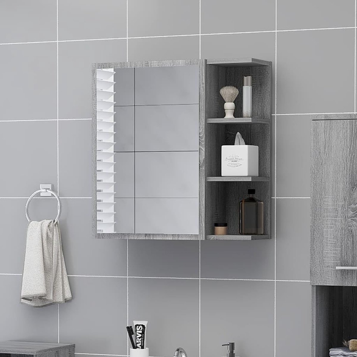 Wandspiegel voor de badkamer, decoratieve wandspiegel, thuis, badkamerkast, badkamerspiegelkast, grijs, Sonoma, 62,5 x 20,5 x 64 cm, houten materiaal voor woonkamer, keuken, badkamer, espresso
